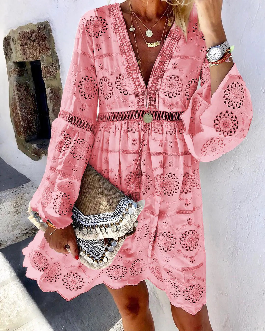 V-Neck Patchwork Dress – Hollow Out Long Sleeve Style