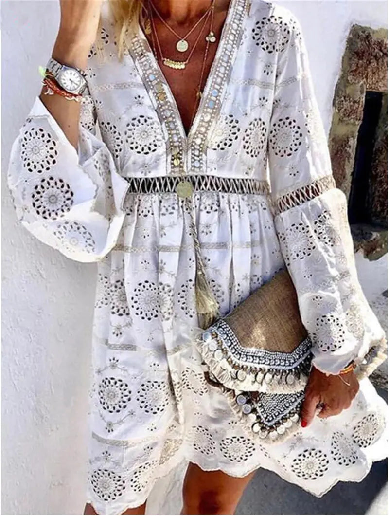 V-Neck Patchwork Dress – Hollow Out Long Sleeve Style