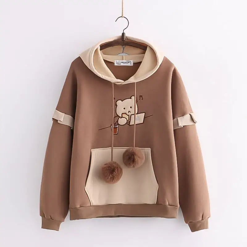 Hooded Bear Embroidery Velvet Sweater Coat for Women