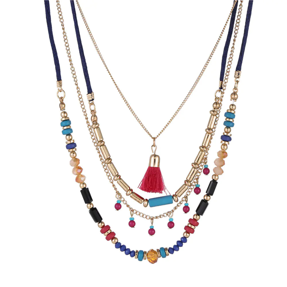 Bohemian Style Multi-Layer Beaded Tassel Necklace
