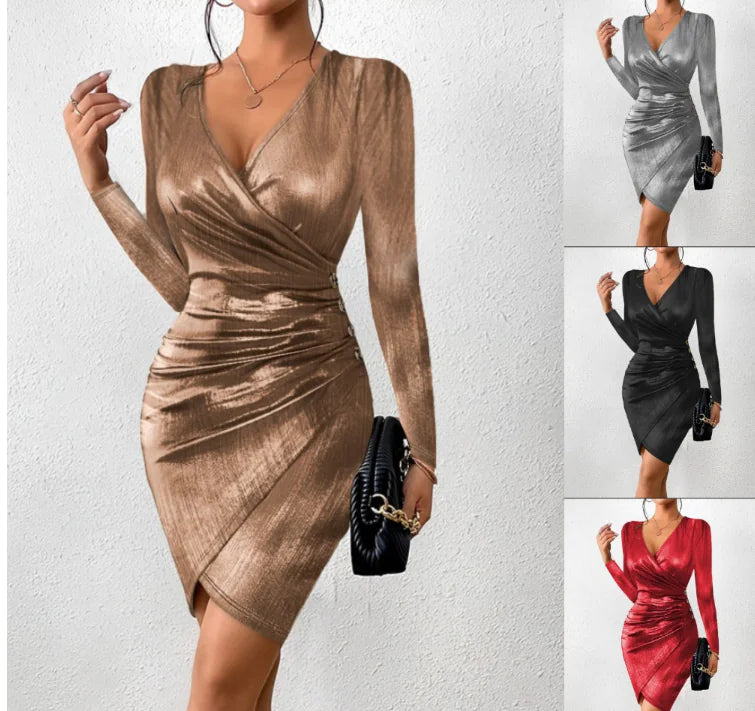 Sleek Deep V-Neck Cocktail Dress in Solid Color (One Piece)