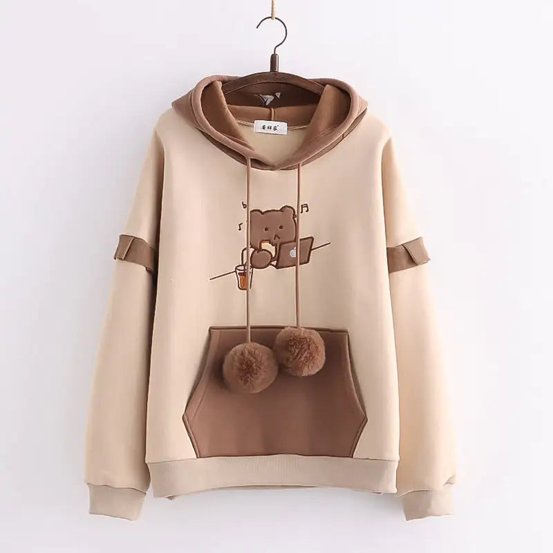Hooded Bear Embroidery Velvet Sweater Coat for Women