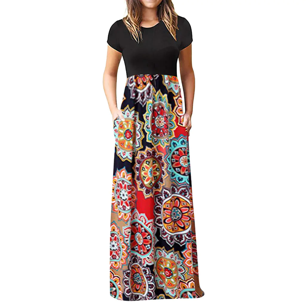Short Sleeve Printed Dress with Long Skirt
