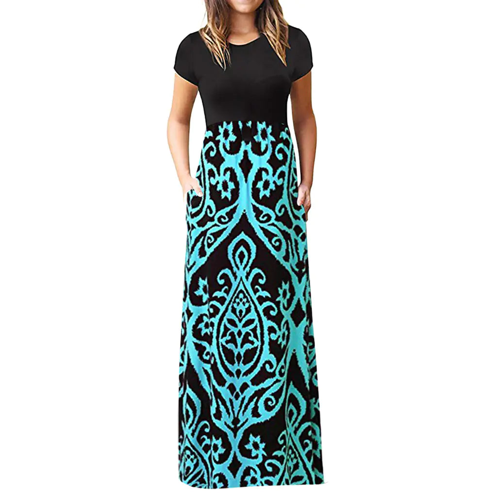 Short Sleeve Printed Dress with Long Skirt
