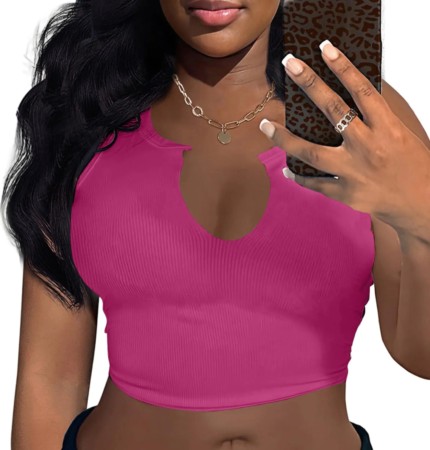 LovelyWholesale Women Ribbed Knit Crop Tank Tops Sexy V Neck T Shirt Solid Hot Pink Medium