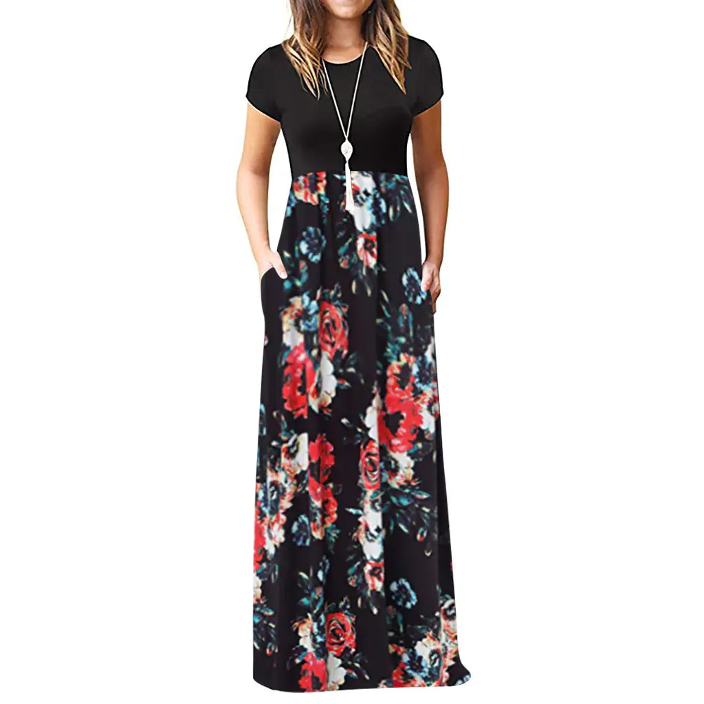 Short Sleeve Printed Dress with Long Skirt
