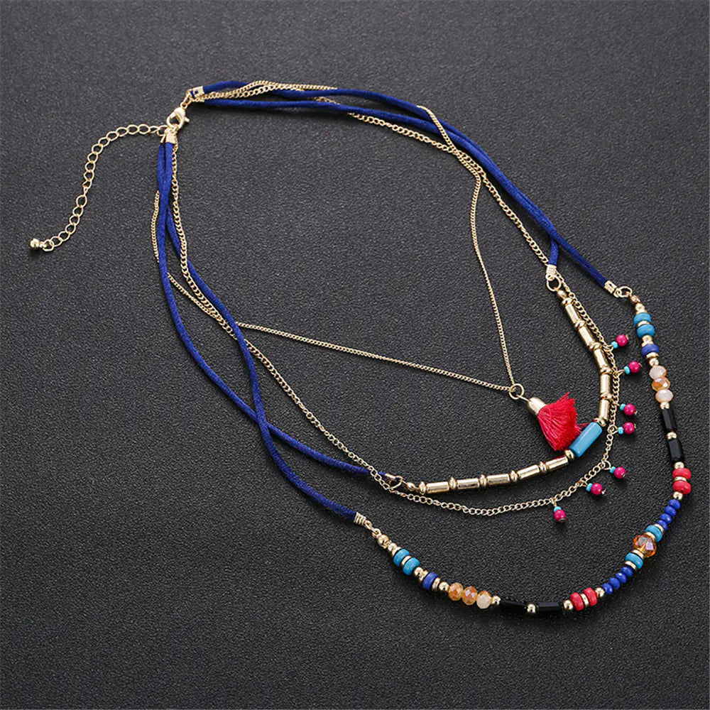 Bohemian Style Multi-Layer Beaded Tassel Necklace