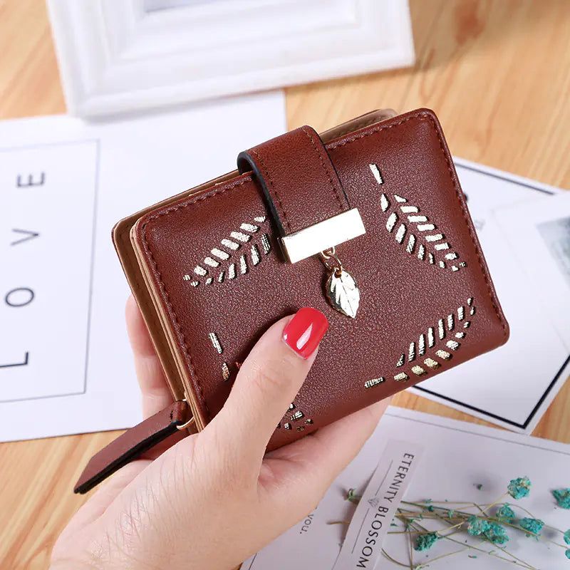 Women's Leaf Bifold Short Wallet with Coin Purse