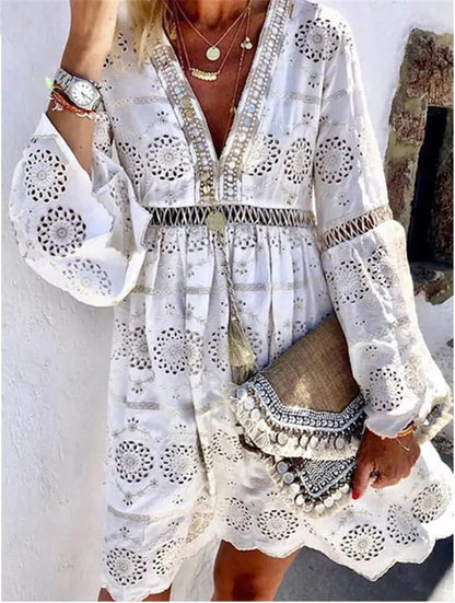 V-Neck Patchwork Dress – Hollow Out Long Sleeve Style