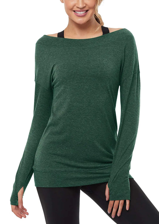 Muzniuer Womens Long Sleeve Workout Shirts-Off Shoulder Long Sleeve Tshirt for Women Yoga Sports T-Shirt Long Sleeve Sports Shirts Activewear with Thumb Hole Green S