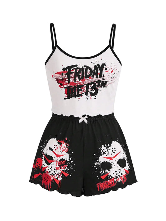 SHENHE Womens Goth Pajamas Skeleton Print Cami and Shorts Summer Pajama Set Sleepwear Black and White Medium