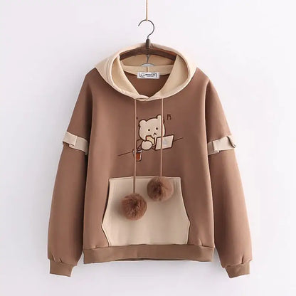 Hooded Bear Embroidery Velvet Sweater Coat for Women