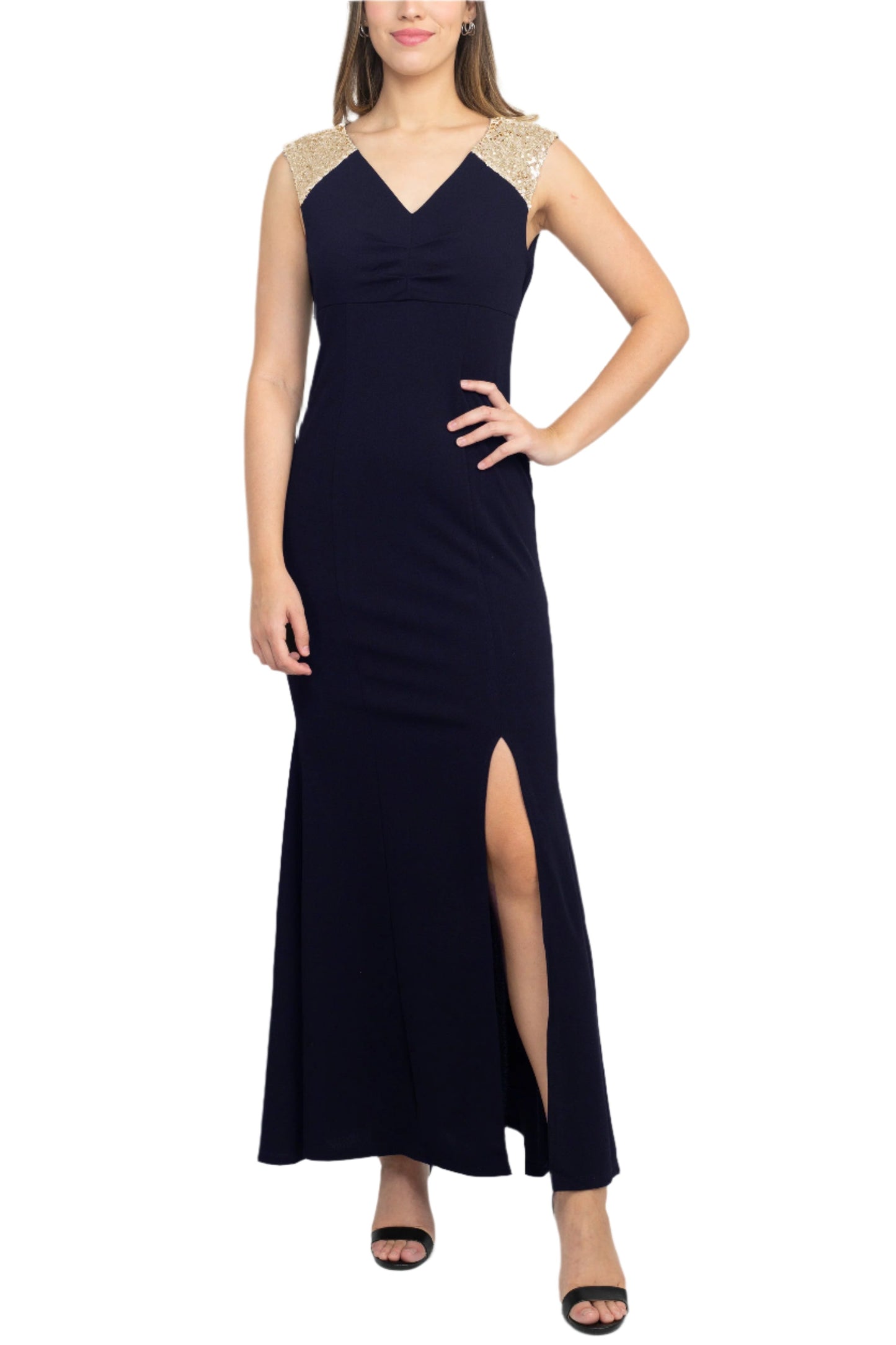 SL Fashion V-Neck Sequined Shoulder Sleeveless Slit Front Zipper Back Dress-4