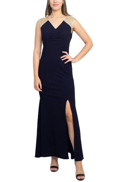 SL Fashion V-Neck Sequined Shoulder Sleeveless Slit Front Zipper Back Dress-4