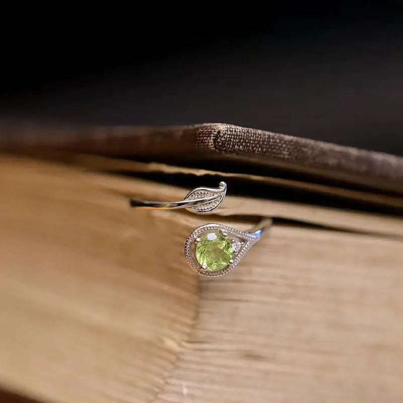 Olivine Green Gem Ring – Leaf & Branch Open Design