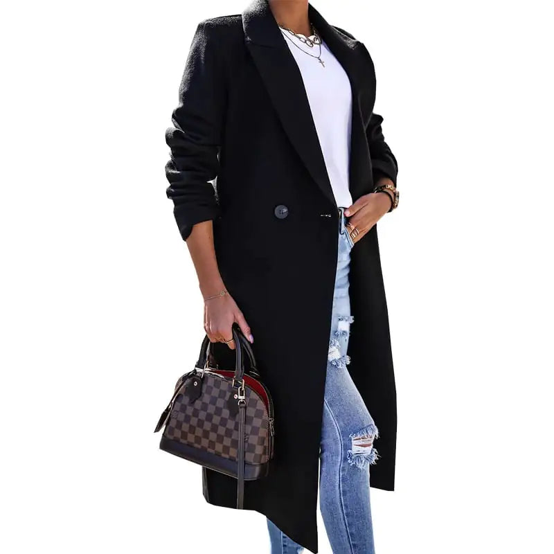 Women's Long Sleeve Lapel Button Woolen Coat