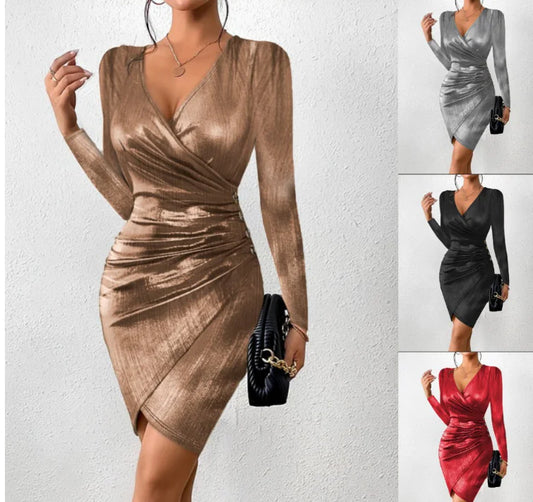 Sleek Deep V-Neck Cocktail Dress in Solid Color (One Piece)