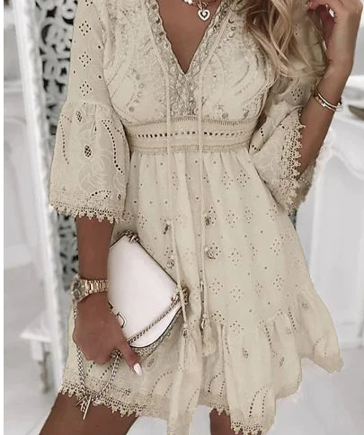 V-Neck Patchwork Dress – Hollow Out Long Sleeve Style