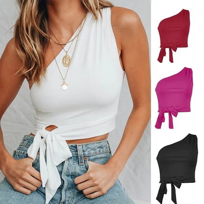 2024 Women's Solid Color One-Shoulder Crop Top