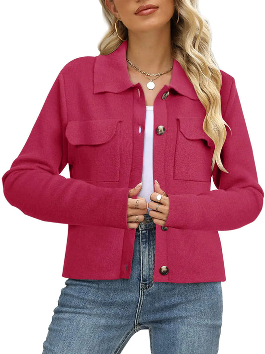 BZB Cropped Sweaters for Women Casual Work Office Blazer Open Front Long Sleeve Cardigan Jacket Rose Red