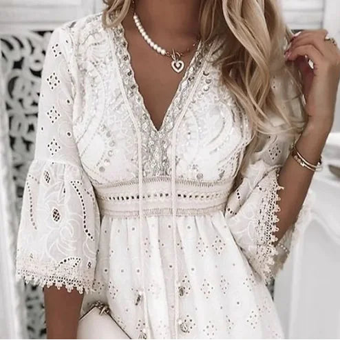 V-Neck Patchwork Dress – Hollow Out Long Sleeve Style