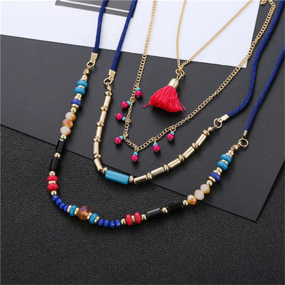 Bohemian Style Multi-Layer Beaded Tassel Necklace