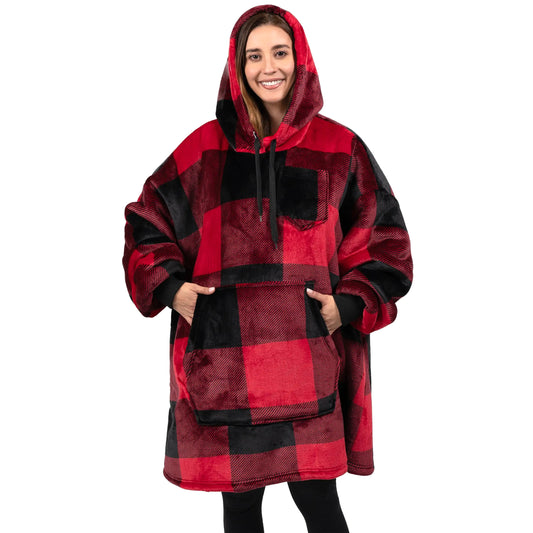 PAVILIA Blanket Hoodie for Women Red Sherpa Wearable Blanket Men Cozy Oversized Sweatshirt Blanket Warm Fleece Hooded Blanket Sweater with Sleeves and Giant Pocket Plaid Red