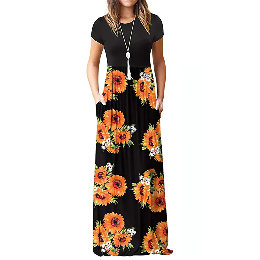 Short Sleeve Printed Dress with Long Skirt