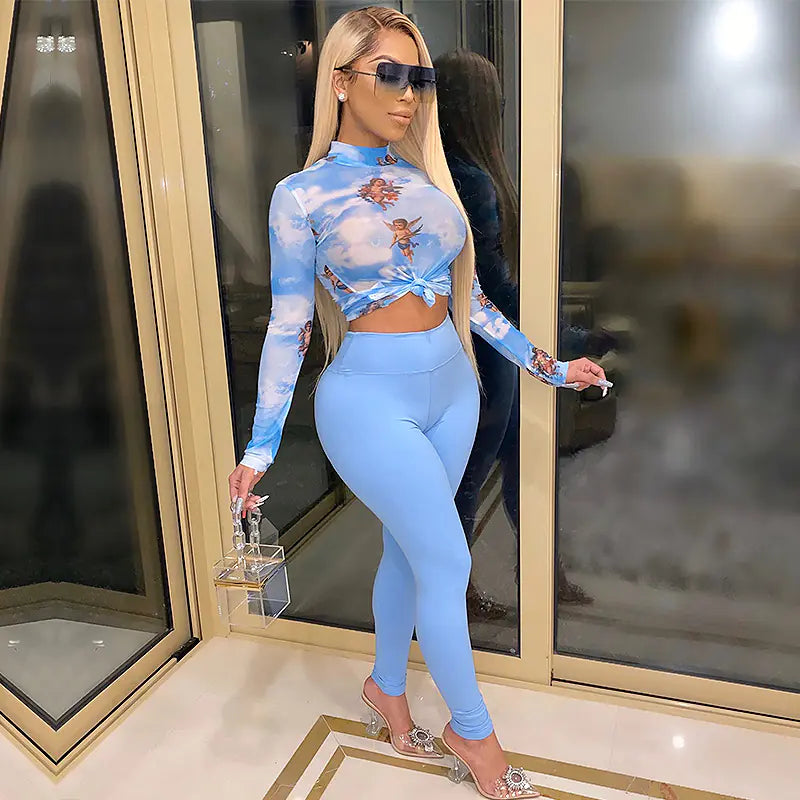 Spring Summer Women's Knitted Print Two-Piece Set