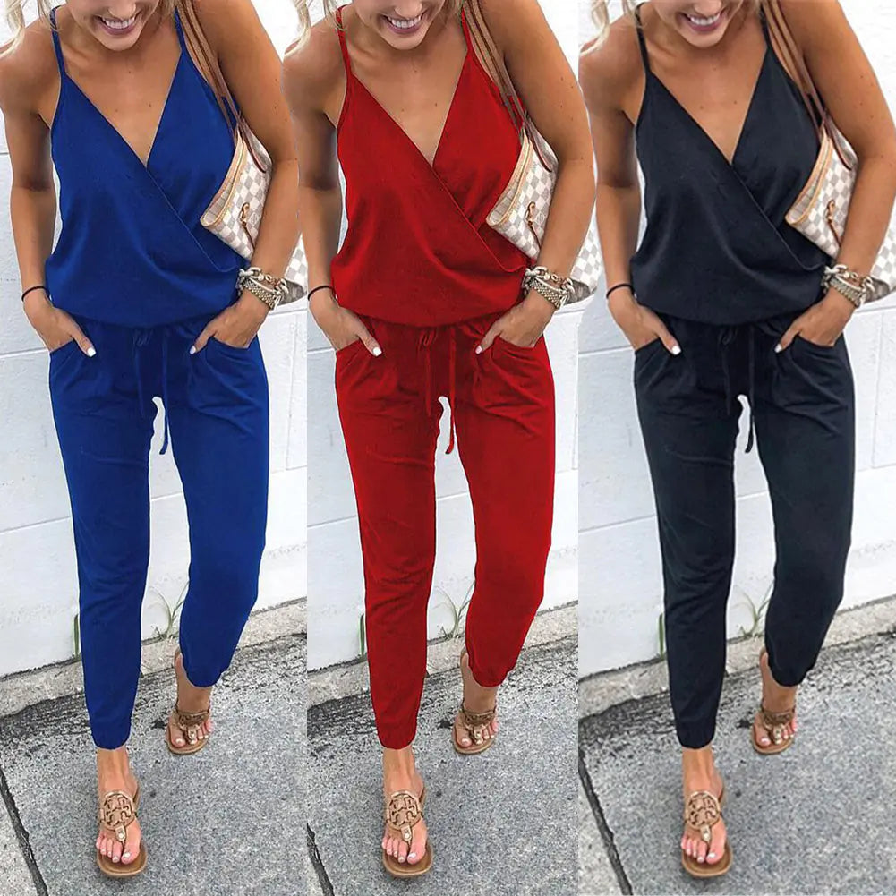 Summer Sexy V-Neck Pocket Jumpsuit for Women