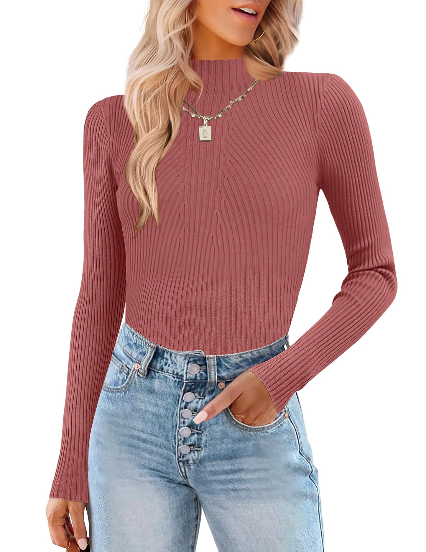HOTOUCH Turtle Necks Tops for Women Trending Winter Holiday Clothes 2025 Rust Colored Long Sleeve Ribbed Top Women Mock Turtleneck Sweater Knit