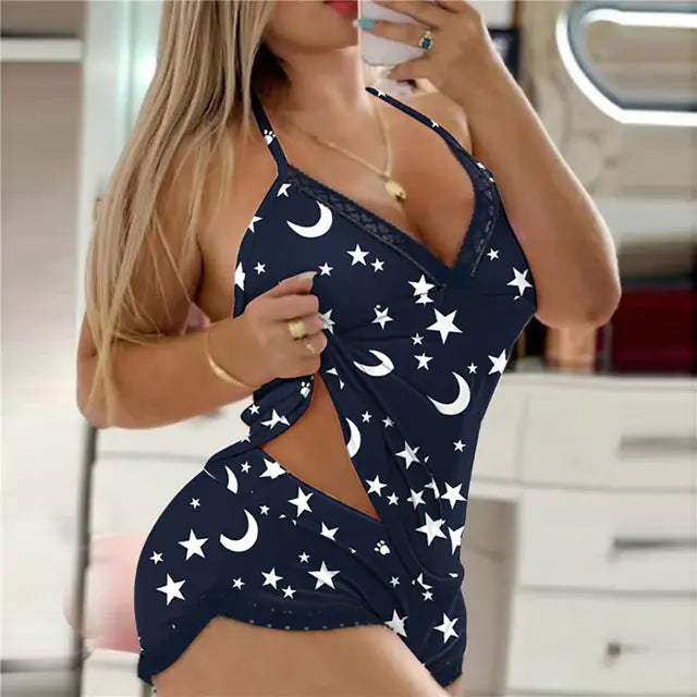 Leopard Print Pajama Set with Lace Deep V Neck