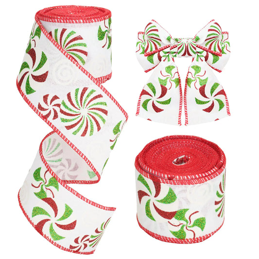 Christmas Wired Ribbon 2.5 Inch 10 Yards Christmas Candy Ribbon Christmas Tree Ribbon Red and Green Glitter Ribbon for Christmas Tree Decoration Garland Wreath Gift Wrapping DIY Crafts (Red)