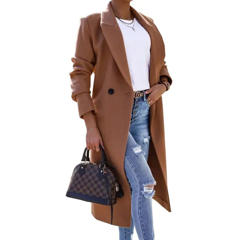 Women's Long Sleeve Lapel Button Woolen Coat