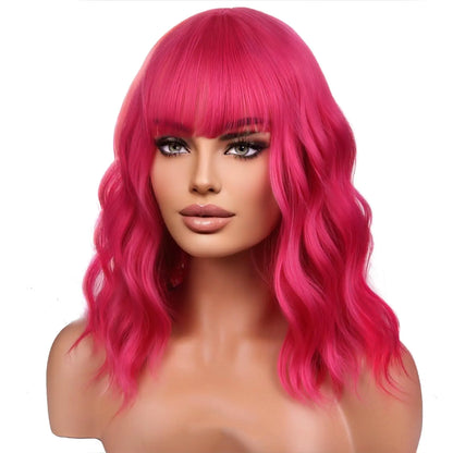 BERON 14 Inches Hot Pink Wig Short Curly Wig Women Girls Synthetic Wig Rose Red Wig with Bangs Wig Cap Included