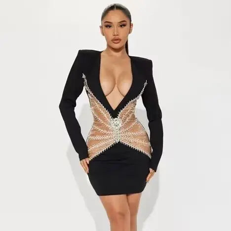 Rhinestone Tassel V-neck Bandage One-Piece Dress