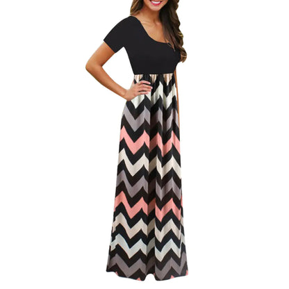 Short Sleeve Printed Dress with Long Skirt