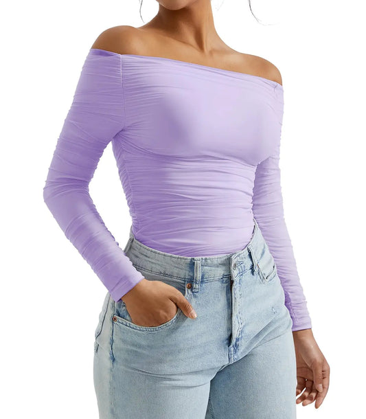 OMKAGI Women Long Sleeve Tops Sexy Off Shoulder Shirts Fitted Going Out Y2K Crop Top(XSPurple-268)