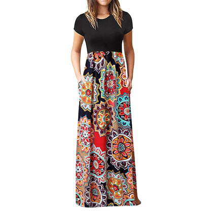 Short Sleeve Printed Dress with Long Skirt