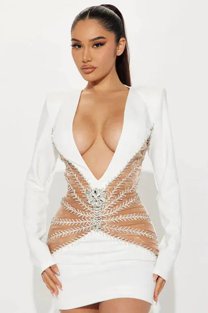 Rhinestone Tassel V-neck Bandage One-Piece Dress