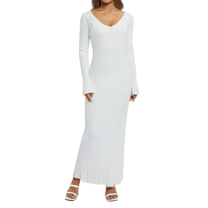 Women Ribbed Knit Long Sleeve Maxi Dress Slim Fit Solid Color Bodycon Pencil Long Dress Casual Fall Winter Clothes (Ac- Solid Ribbed White Medium)