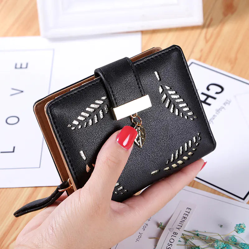 Women's Leaf Bifold Short Wallet with Coin Purse
