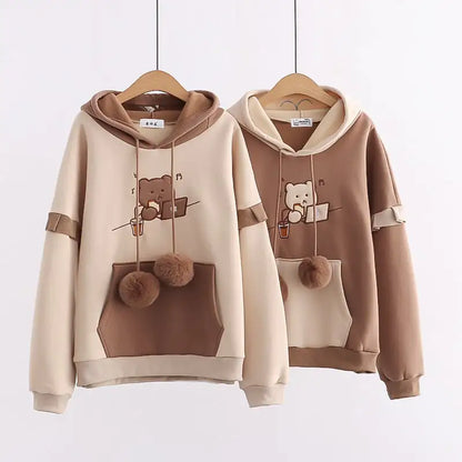 Hooded Bear Embroidery Velvet Sweater Coat for Women