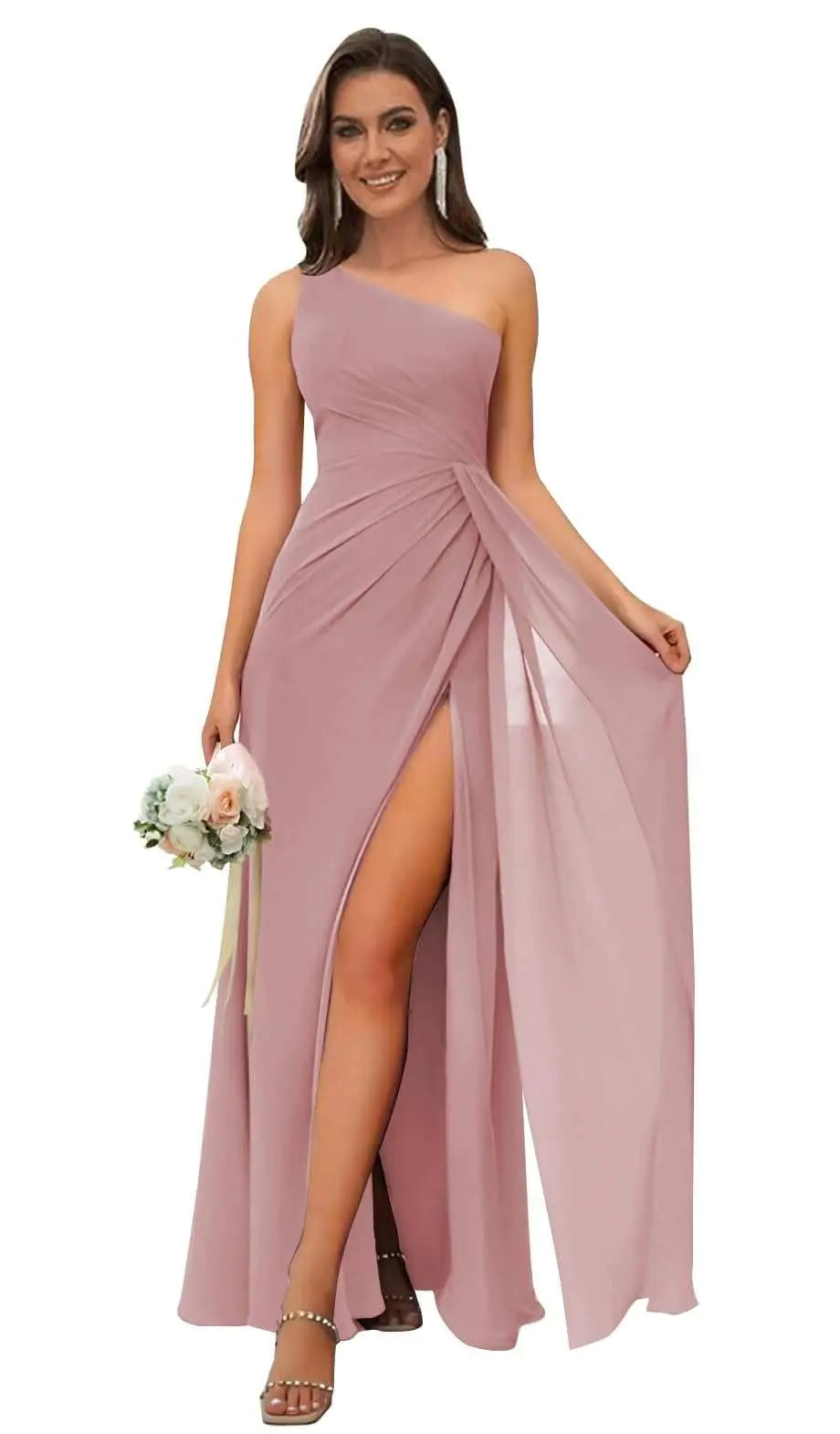 Bolodoo Womens One Shoulder Long Bridesmaid Dress Dusty Rose Ruched Cocktail Dress Formal Gown with Slit Size 14