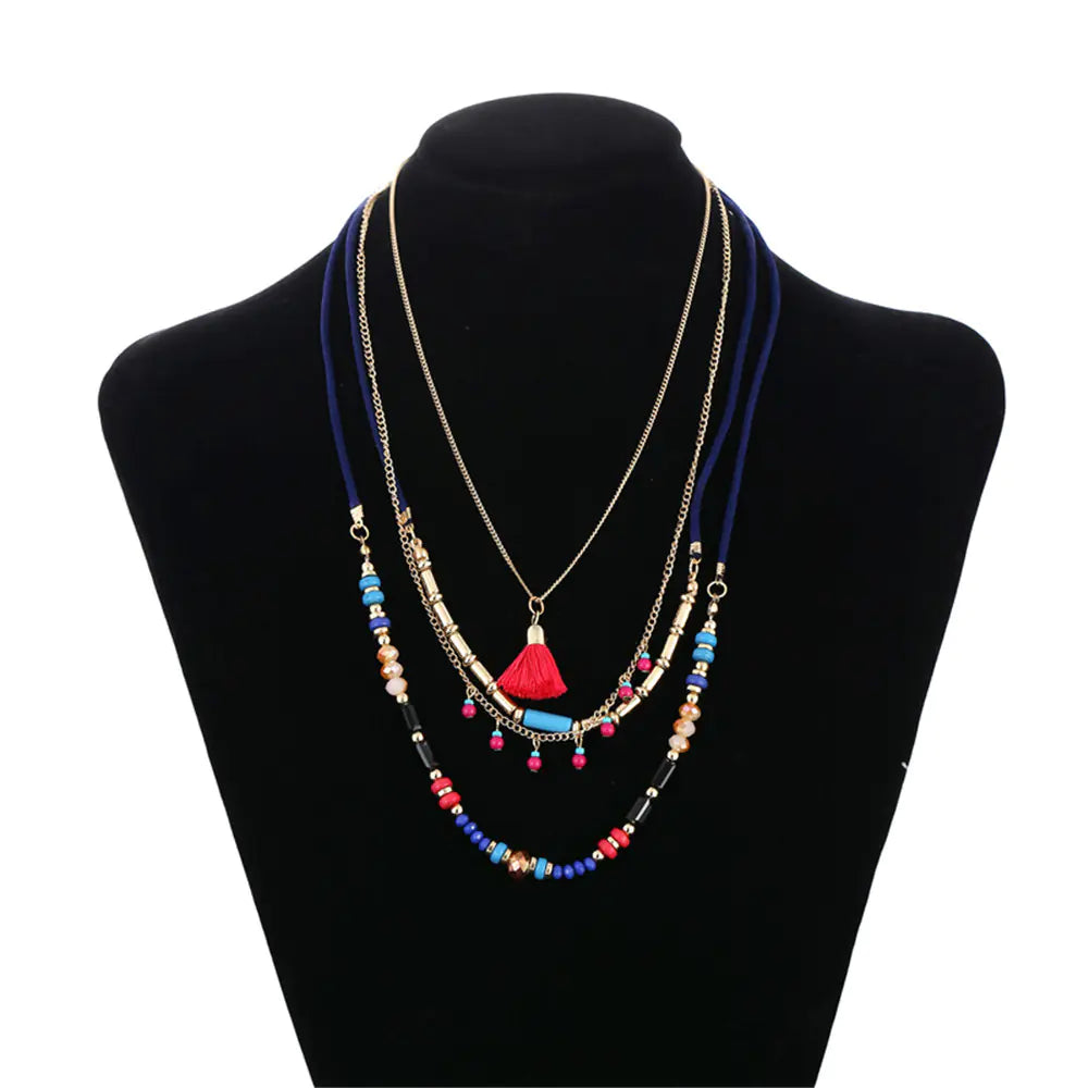 Bohemian Style Multi-Layer Beaded Tassel Necklace